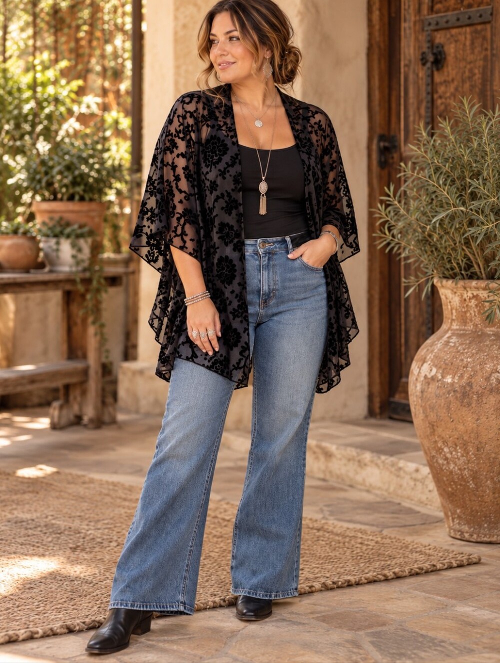 Black Floral Burnout Kimono Wrap Semi Sheer Open Front Witchy Boho Dark Romantic